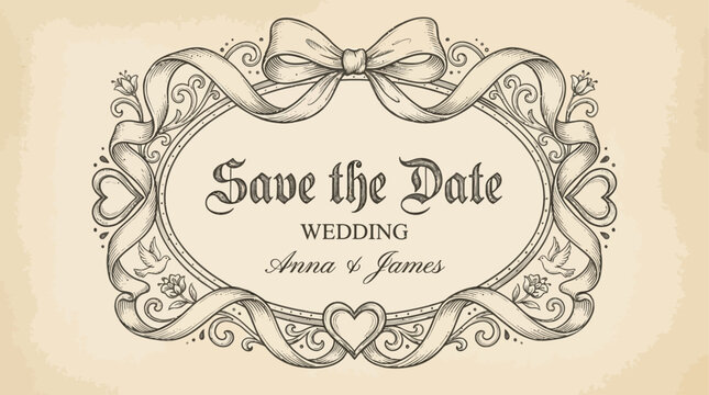 Handdrawn romantic vintage heart frame decorated with elegant ribbon bow for wedding invitation greeting card save the date cute charcoal sketch ornamental design element on white backdrop