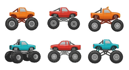 Set of Six Colorful Monster Trucks, Cartoon Style, Isolated on White Background © Play
