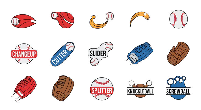 Baseball Pitch Types Icons: Fastball, Curveball, Slider, Changeup, Knuckleball, Screwball