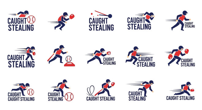 Baseball Player Caught Stealing Icon Set - Dynamic Sports Vector Illustrations