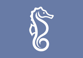 Minimalist white seahorse line art icon on blue background © alpen