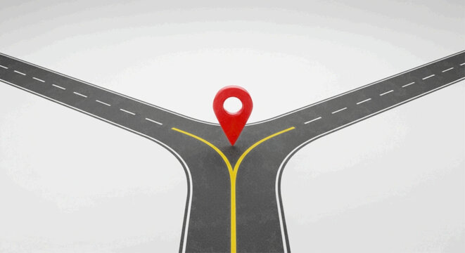 Minimal black silhouette icon, simple flat vector, bold black shape, no gradients, no shading road fork with a red map location pin icon representing a choice or decision on a, flat icon style