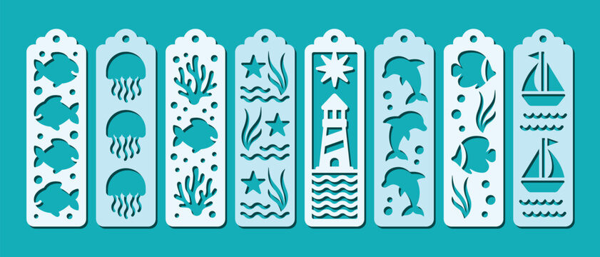 Decorative bookmarks with sea patterns. Laser cut template with ocean elements. Bookmark stencil for paper, wood and metal cutting. Underwater vector design