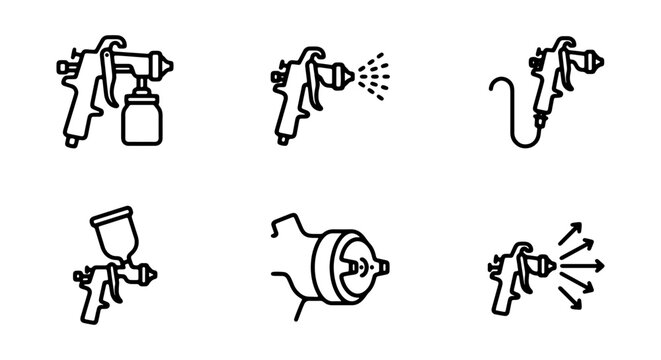 Spray Gun Icons Set, Paint Sprayer Vector Graphics, Industrial Tool Line Art Collection