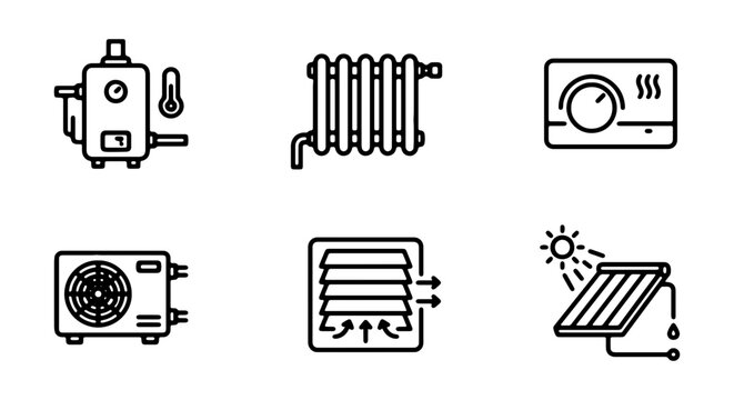 Heating and Cooling Icons: Boiler, Radiator, Thermostat, AC Unit, Vent, Solar Panel