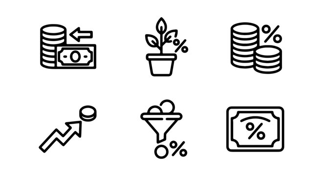 Finance Icons Set: Money, Growth, Investment, Percent, Savings, Profit, Vector Graphics
