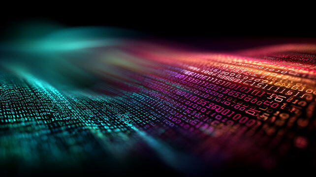 Binary code flowing across a digital surface representing data transfer, cybersecurity, and advanced technology systems.
