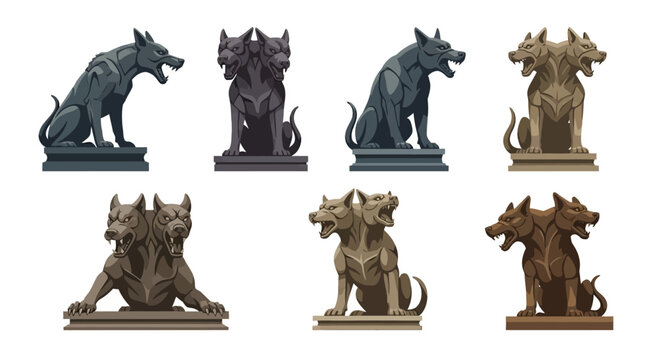 Set of Cerberus Three Headed Dog Statues in Pixel Art Style