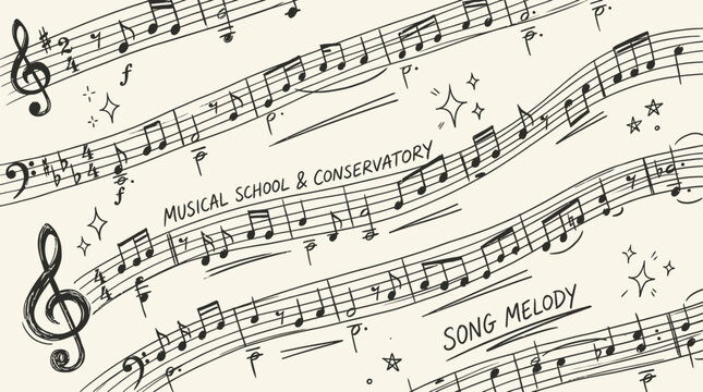 Hand drawn musical notation symbols background pattern featuring artistic handwriting sketch style vector illustration of classic melody elements for creative audio design