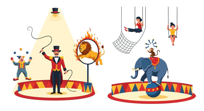 Circus Performance: Lion Jump, Elephant Balance, Juggler, Clown, Trapeze Artists