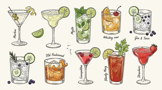 Artistic set of hand drawn vector illustrations featuring various alcoholic cocktails and refreshing beverages including martini, mojito, and margarita for menu design and bar promotion.
