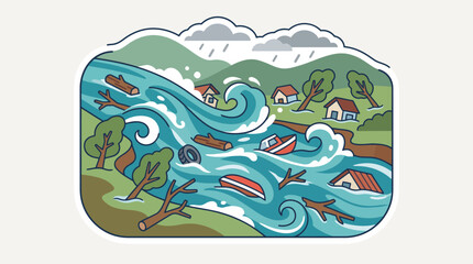 Naklejka premium Flash flood natural disaster vector illustration featuring a powerful river wave washing away houses, trees, boats, and logs in a cartoon style sticker design.