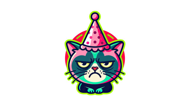 Grumpy Cat Wearing Birthday Hat, Funny Cartoon Animal, Sad Feline Celebration