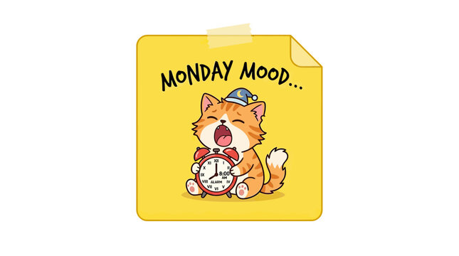 Tired cartoon cat in pajamas with alarm clock, Monday mood, sleepy