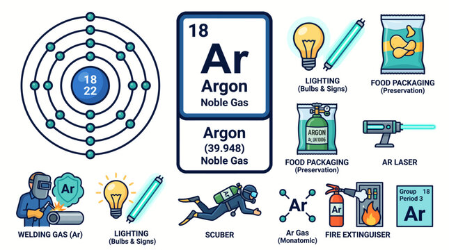 Argon Noble Gas Element Infographic With Atomic Structure and Industrial Applications in Welding Lighting and Food Packaging