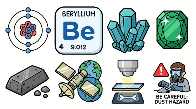 Beryllium Element Infographic With Atomic Model Gemstones Aerospace Uses and Dust Hazard Safety Warning