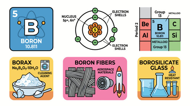Boron Element Properties and Industrial Applications Educational Icon Set Cartoon Vector Illustration