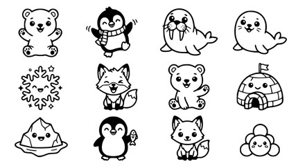 Cute kawaii arctic animal character vector set with funny cartoon polar bear penguin walrus and winter ice line art for kids © GULSHAN
