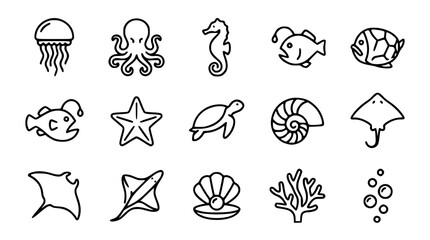 Deep sea creatures vector icon set with simple bold line art classic jellyfish octopus seahorse anglerfish underwater marine wildlife and ocean animal clip art black and white © GULSHAN