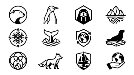 Modern abstract arctic animal symbol vector clipart set with minimalist clean outline conservation brand polar bear penguin monogram and winter logo graphics black and white © GULSHAN