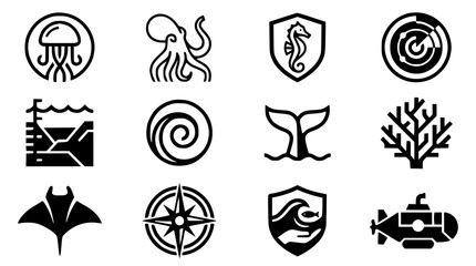 Modern abstract deep sea creature symbol vector clipart set with minimalist clean outline conservation brand jellyfish octopus monogram and ocean logo graphics black and white © GULSHAN