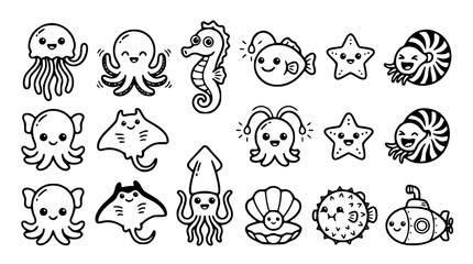 Cute kawaii deep sea creature character vector set with funny cartoon jellyfish octopus seahorse and ocean marine wildlife line art for kids © GULSHAN