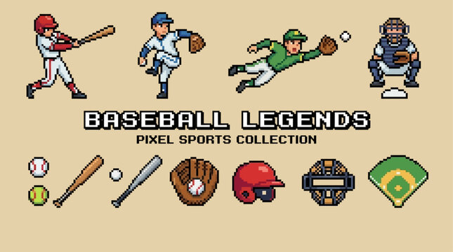 Retro pixel art illustration of professional baseball players in dynamic motion on the field, featuring various athletes with bats, gloves, and equipment for competitive team sport games.