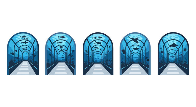Set of Five Underwater Aquarium Tunnel Views with Marine Life