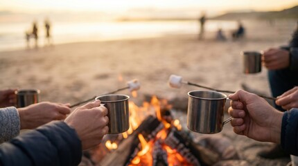 Fototapeta premium Group of friends roasting marshmallows over a beach campfire at sunset, enjoying cozy outdoor camping lifestyle and togetherness