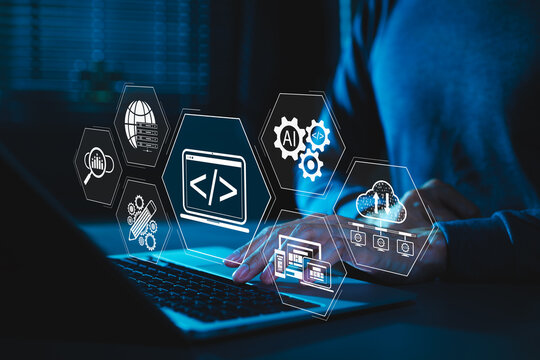 Web development and web design technology concept. developer using web coding interface, wireframe, AI automation tools, cloud hosting, server network, UX UI design, digital website optimization