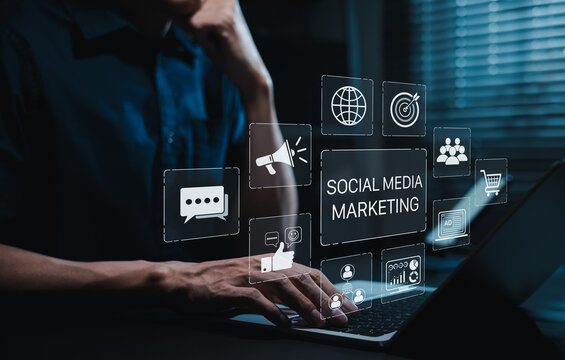 Social media marketing strategy and digital AD analytics concept. managing digital ads, audience engagement, SEO, content strategy, online campaigns, analytics dashboards, business growth tools