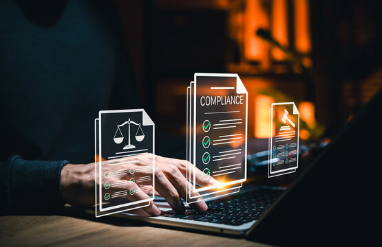 Compliance document review and legal audit workflow concept. Professional checking legal files, audit checklists, policy validation, regulation control, risk management, secure business workflow