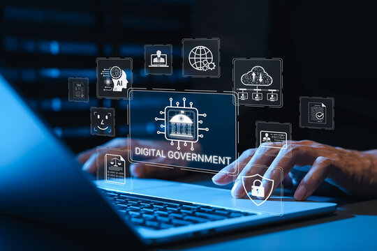 Digital government transformation and public service technology concept with e-governance, AI administration, secure citizen data, online tax, legal workflow, cloud infrastructure, policy automation