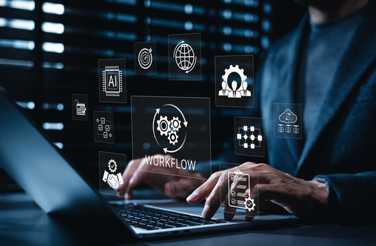 Workflow automation and business process management concept with digital workflow, AI tool, task checklist, cloud system, team collaboration, performance optimization, enterprise productivity solution