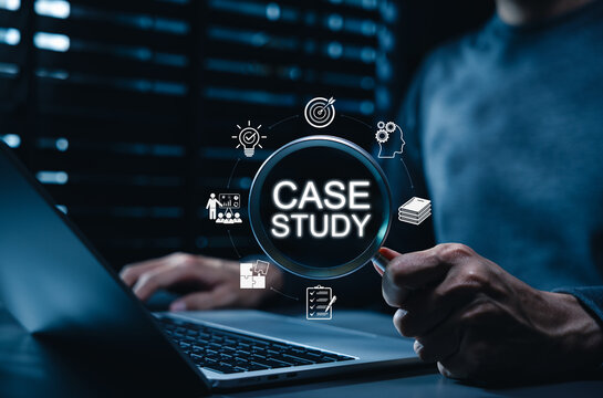 Case study and business research analysis concept with icons of strategic target, review, checklist evaluation, problem solving, performance insights, training documents, corporate success planning