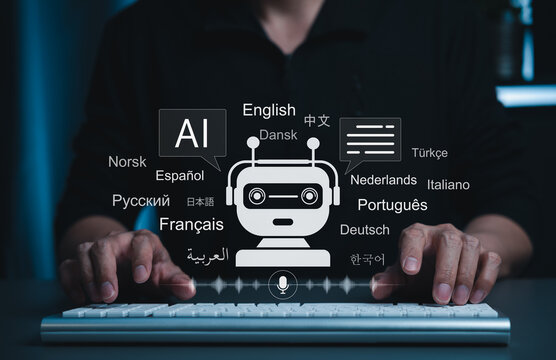 AI multilingual chatbot and language translation technology concept. virtual assistant, global languages, voice recognition, speech, online communication, localization tools, digital learning support