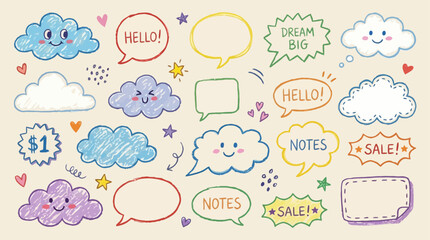 Obraz premium Funky Crayon Doodle Collection Featuring Fluffy Cloud Shapes and Hand-Drawn School Elements with Childish Speech Bubbles and Decorative Text Box Memo Templates for Creative Educational Designs