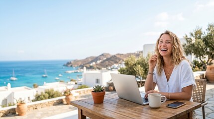 Fototapeta premium Happy young woman working remotely on laptop at outdoor terrace with sea view, digital nomad lifestyle concept, freelance professional enjoying summer vacation