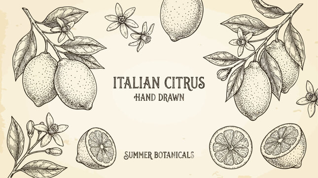 Artistic hand drawn lemon citrus fruit illustration with lush green leaves and delicate white blossoms in a detailed botanical sketch vector style for modern organic design and print projects.