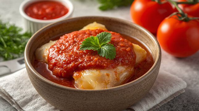 Traditional Stuffed Cabbage Rolls with Tomato Sauce in a Rustic Ceramic Bowl
