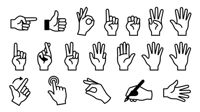 Set of diverse hand gestures and actions as simple line icons on a white background, including pointing, thumbs up, okay sign, number counting, and