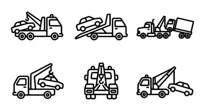 Tow Truck Icons Set, Vehicle Recovery Vector Graphics, Roadside Assistance Symbols, Transportation Service Illustrations