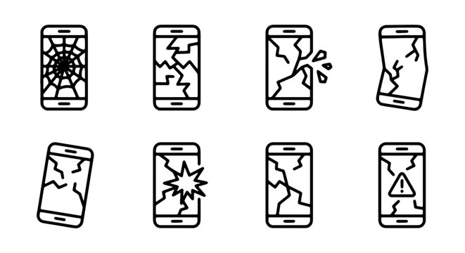 Broken Smartphone Icons Set, Cracked Screen Mobile Phone Vector Graphics, Damaged Device Illustrations