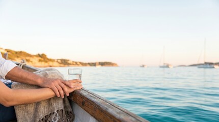 Fototapeta premium Young couple holding hands on a wooden boat at sunset, romantic sea travel concept, intimate vacation moment on the Mediterranean ocean