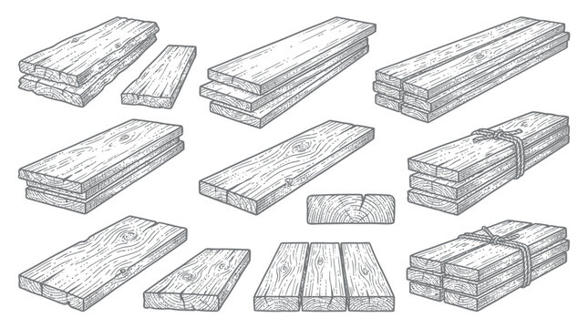 Comprehensive collection of textured timber boards, rustic wood planks, and natural lumber strips set against a plain white backdrop, suitable for carpentry and construction design.