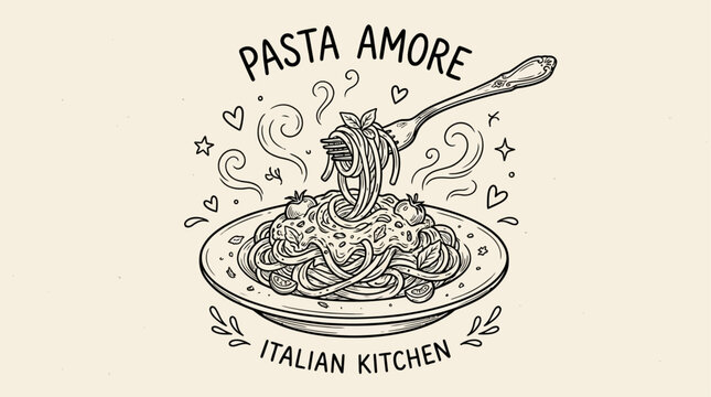 Artistic hand drawn sketch illustration of traditional Italian spaghetti pasta dish served on a white ceramic round plate with a steel fork swirling and twisting the long noodle strands
