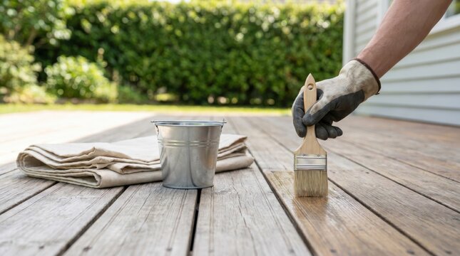 Hand of a man wearing a work glove applying protective wood stain to a backyard deck with a brush for home maintenance and renovation