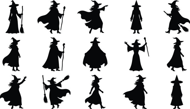 A collection of fifteen unique black silhouette illustrations of various female witches