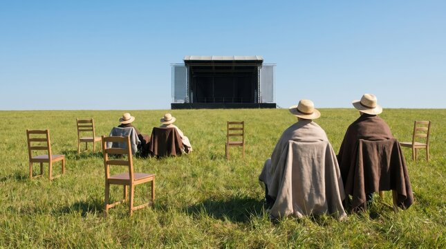 Four people in straw hats and blankets sitting on wooden chairs in an empty field facing a distant outdoor stage for a conceptual performance