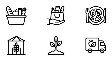 Fototapeta premium Grocery Icons, Food Delivery, Farm to Table, Organic Produce, Vector Set